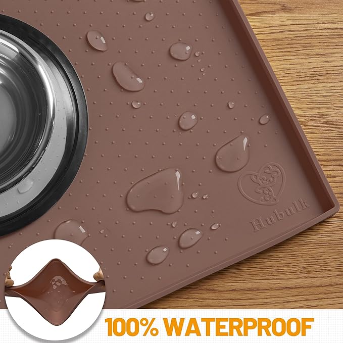 Hubulk Dog Feeding Mat,100% Waterproof Food Grade Silicone Pet Food and Water Bowl Placemat,Dishwasher, High Raised Edge to Prevent Spills,Nonslip Tray to Stop Messes on Floor（19"x12"x0.5", Brown）