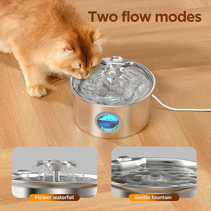 Stainless Steel Cat Water Fountain: 88oz/2.6L Ultra Quiet Pet Fountain with Flower Kitty Spout & LED Blue Light Water Dispenser with Water Level Window for Cats/Dogs Indoor (Silver) - IHOUONE
