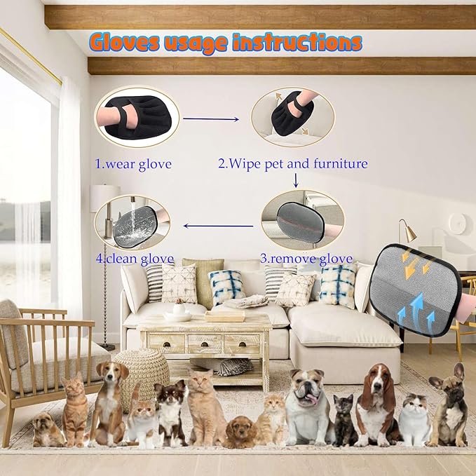 Blue Pet Hair Removal Gloves for Dogs,Pet Hair Collector Keychain,Five-Finger Cat Grooming Gloves ,Reusable Electrostatic Pet Hair Removal Tool for Furniture,Car,Couch,Carpet,Essential Pet Supplies