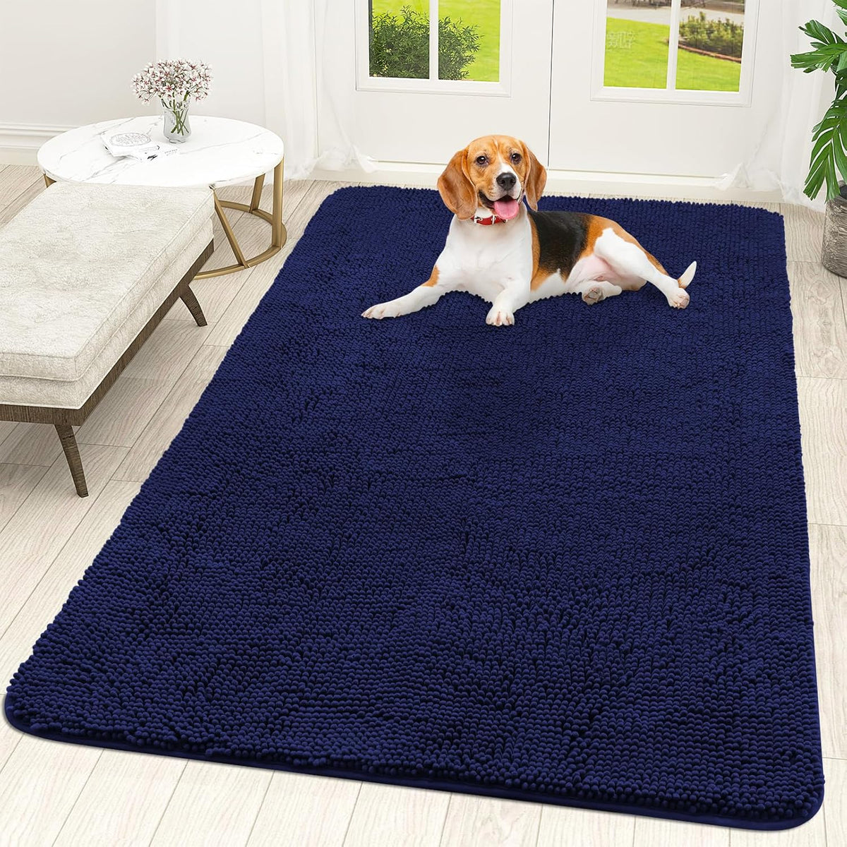 OLANLY Dog Door Mat for Muddy Paws 59x35, Absorbs Moisture and Dirt, Absorbent Non-Slip Washable Doormat, Quick Dry Chenille Mud Mat for Dogs, Entry Indoor Entryway Carpet for Inside Floor, Navy Blue