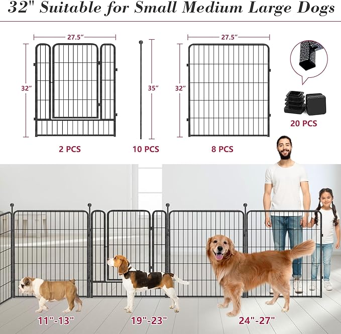 Dog Playpen 32 inch 10 Panels Indoor Dog Pen for Medium/Small Dogs Heavy Duty Metal Dog Fence Outdoor for Yard, Puppy Playpen with Door Portable Pet Fence for RV Camping Yard