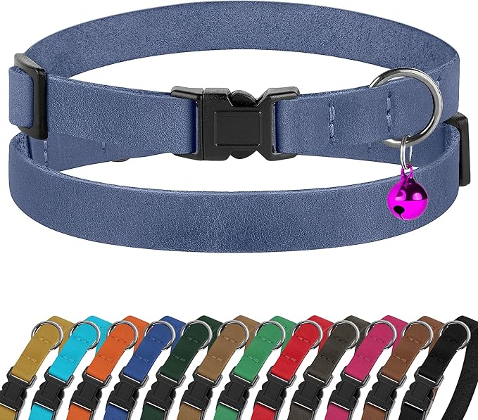 Breakaway Cat Collar Leather with Removable Bell - 13 Colors Available - Soft Adjustable Girl Boy Safety Lightweight Pet Kitten Collars Pink Brown Blue Green Red Orange Black (Denim)