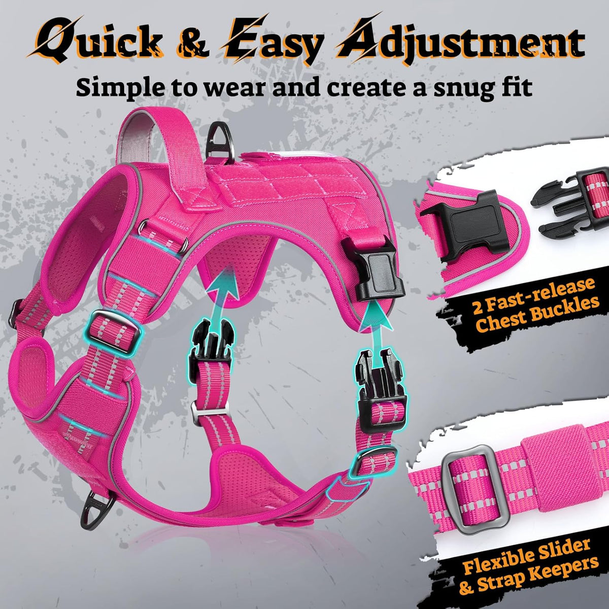 rabbitgoo Dog Harness for Large Dogs No Pull, Tactical Service Pet Vest with Molle and Control Handle, Adjustable and Reflective Military Harness for Easy Walking and Training, Rose Red, XL