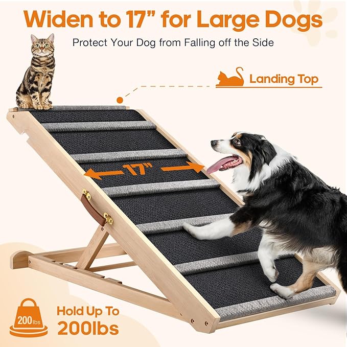 Dog Ramp for Bed - Extra Wide - Excellent Traction, Pet Ramp for Small Large Dogs to Get on Couch Car, Non-Slip Rubber Surface, 17’’W, Hold up to 200lb, Adjustable, Foldable (200LBS)