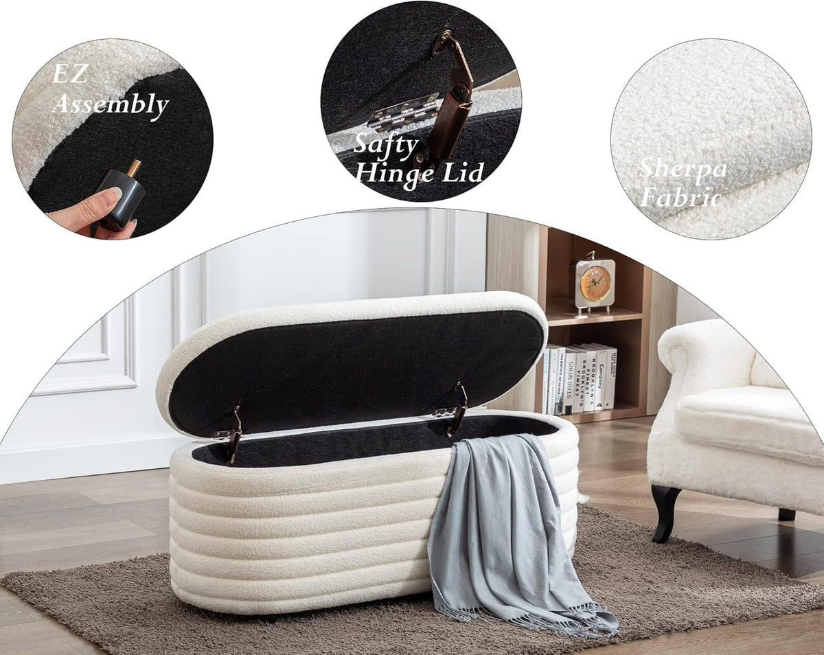 Storage Teddy Ottoman Bench Upholstered Fabric Storage Bench End of Bed Stool with Safety Hinge for Bedroom, Living Room, Entryway, Closet(44.5", White)