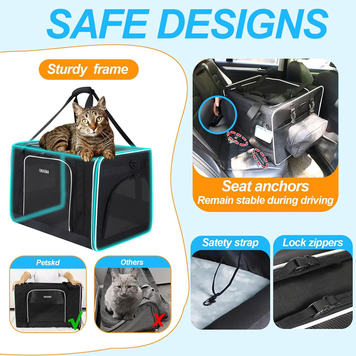 Petskd Extra Large Cat Carrier with Litter Box 24"x17"x17" for Medium Large Cat or 2 Small Cats, Collapsible Soft Sided Pet Carrier for Car Travel with Lockable Safety Zippers(Black)