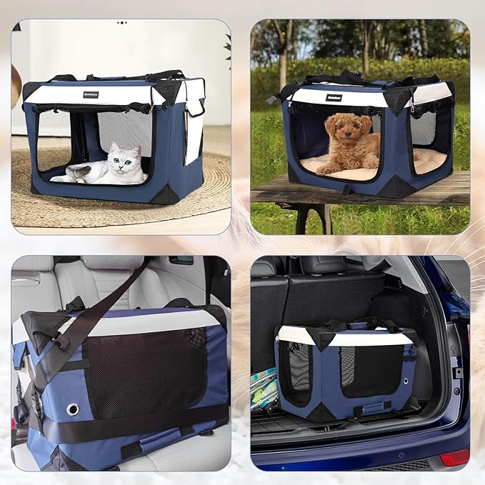 Collapsible Dog Travel Crate,Portable Soft-Sided Pet Carrier Extra Large Cat Carrier with Soft Plush Plush Mat for Indoor and Outdoor,28x20x20in,Navy Blue