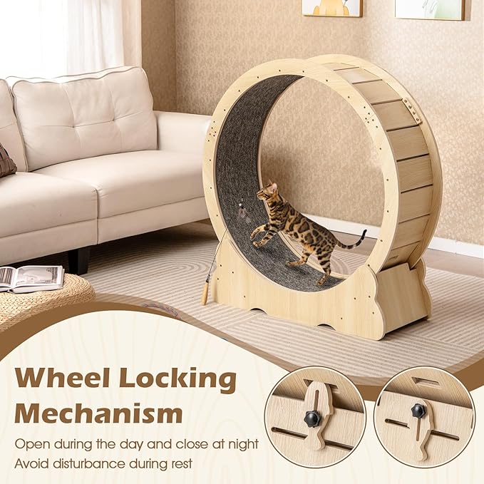 Tangkula Cat Wheel for Indoor Cats, 40 Inch Large Cat Exercise Wheel with Lockable Mechanism, Carpeted Runaway, Wooden Ultra Low Noise Running Treadmill with a Teaser Toy for Kitty Fitness