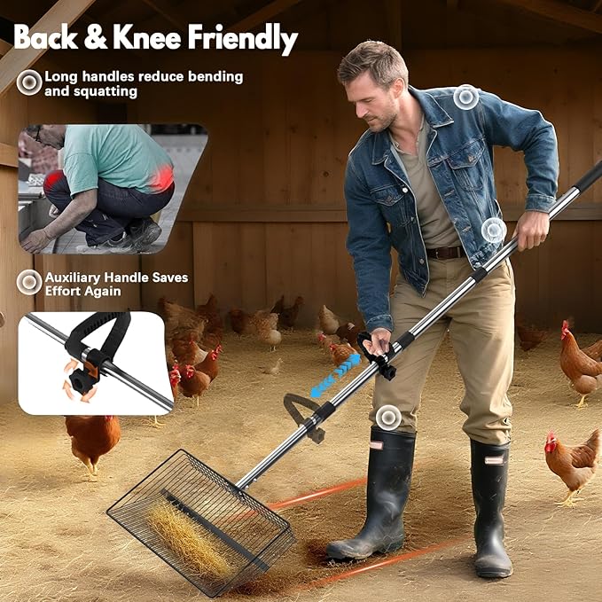 15inch Large Chicken Poop Scooper, 2 Slot Widths (0.16"&0.28"), 39" to 76" Adjustable Stainless Steel Handle, Sifting Litter Shovel for Chicken Coop/Stables/Farm Cleaning(with Effortless Grip)