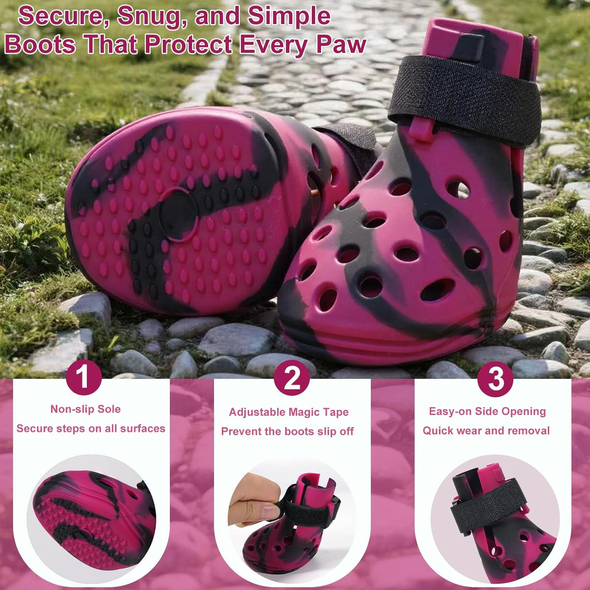 Dog Shoes for Hot Pavement and Snow, Silicone Dog Booties for Small Medium Large Dogs, Waterproof Paw Protectors- Non-Slip, Adjustable Straps, Dog Boots for Beach/Rain/Hiking (Black Pink, S)