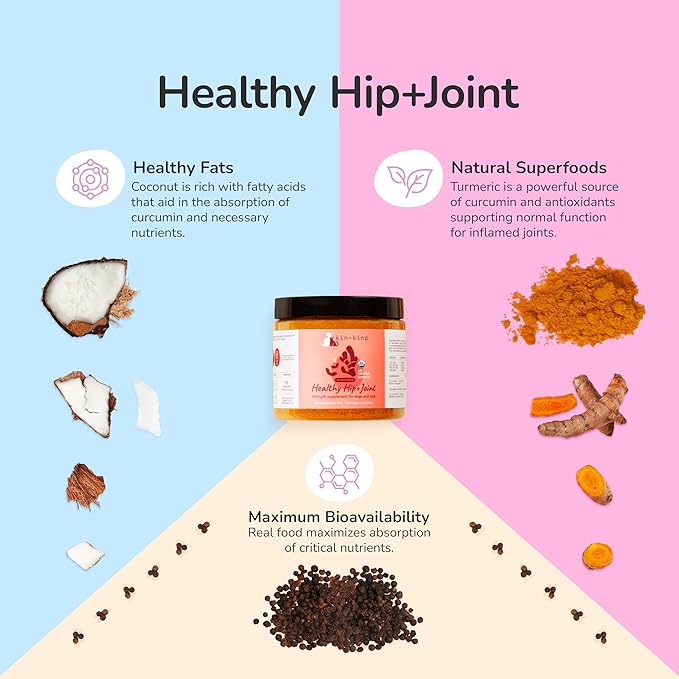 kin+kind Hip+Joint Supplement Dogs & Cats - Vet Formulated Natural Formula with Organic Turmeric, Black Pepper and Coconut- Made in USA - 8 oz (Large)