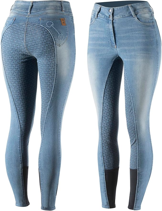 HORZE Kaia Womens Denim Horse Riding Pants | High Waist Silicone Full Seat Breeches | Accurate Size Chart