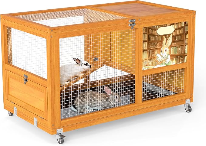 COZIWOW 36.5-Inch Double-Decker Wooden Rabbit Hutch with Wheels, Featuring A Cleaning Tray and Ladder—Stylish and Easy to Assemble（Orange and Pattern）
