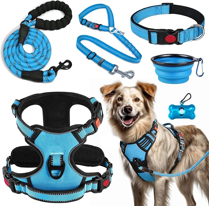 No Pull Dog Harness, Collar & Leash Set | Includes Dog Seat Belt, Collapsible Bowls & Poop Bag Dispenser. Ideal for Training, Walking, Hiking. Fits Small to Large Dogs(Blue-XL)
