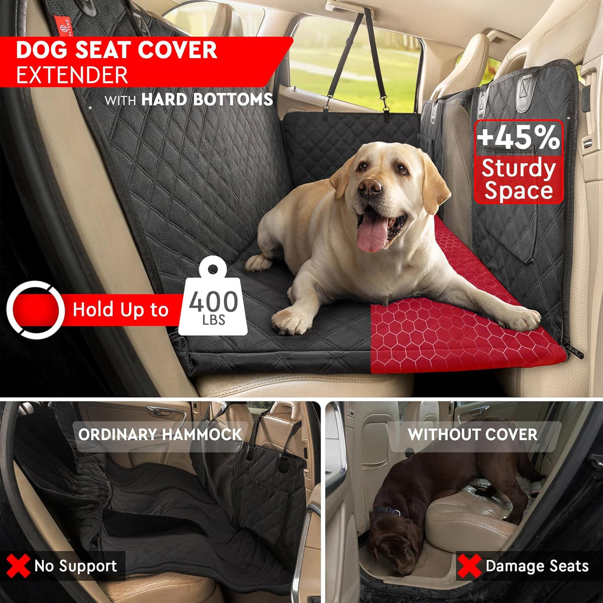 Helteko Back Seat Extender for Dogs - Premium Car Seat Cover with Hard Bottom Holds 400 lbs, Waterproof Hammock for Pet (Black L, for Cars/Mid-Size SUV/Small Truck)