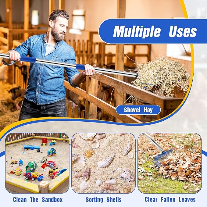 Large Chicken Poop Scooper, Heavy Duty Chicken Coop Scoop for Sand, 35" to 64" Adjustable Stainless Steel Handle, Multifunctional Sifting Shovel for Chicken Coop/Goat Stall/Stable Cleaning