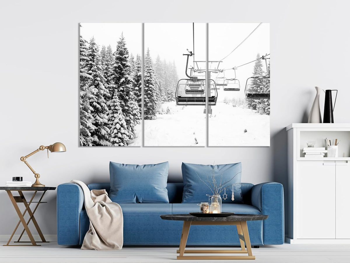 Nature Wall Art Prints - Ocean Forest Mountain Lake Canvas Landscapes - Small to Extra Large Living Room Bedroom Kitchen Bathroom Décor (Ski Lift on Snowy Mountain, 39L" x 59W" - 3 Panels)