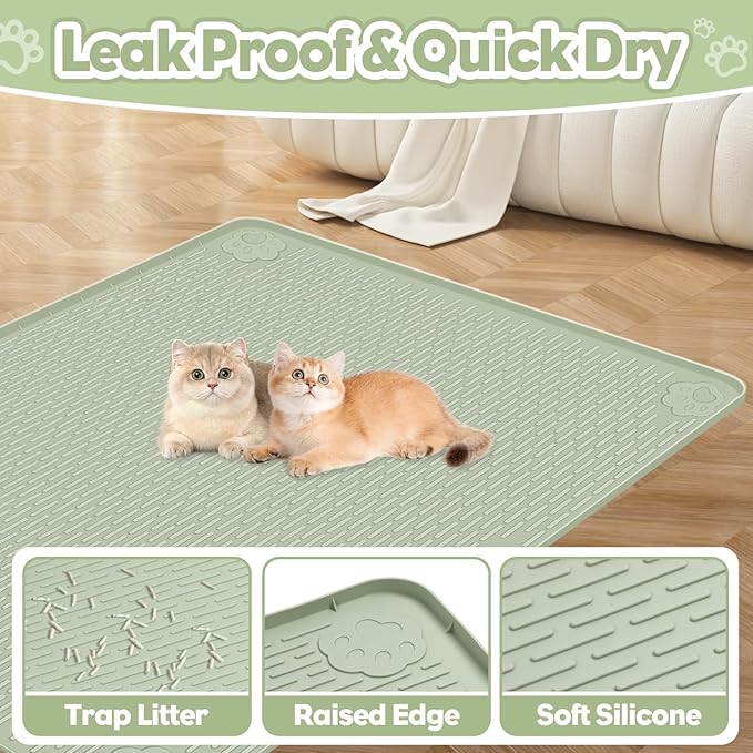 Cat Litter Mat, Extra Large 40" x 28" Silicone Mat Litter Trapping Mat for Scatter Control, Soft on Kitty Paws, Easy to Clean (Green)