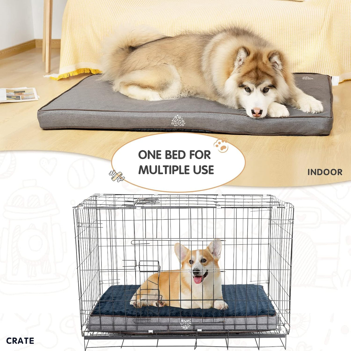 VANKEAN Dog Bed Soft Crate Pad Mat Reversible Warm& Cool, Washable Comfy Kennel Pad with Orthopedic Egg-Crate Foam for Small Medium Large Dogs, Water-Resistant Pet Bed, Grey