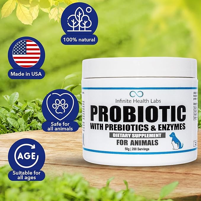 Probiotics for Dogs and Cats - Vet Formulated Made in USA Pet Prebiotic & Enzyme Powder for Digestive, Gut & Immune Health - 200 Servings (50 g)