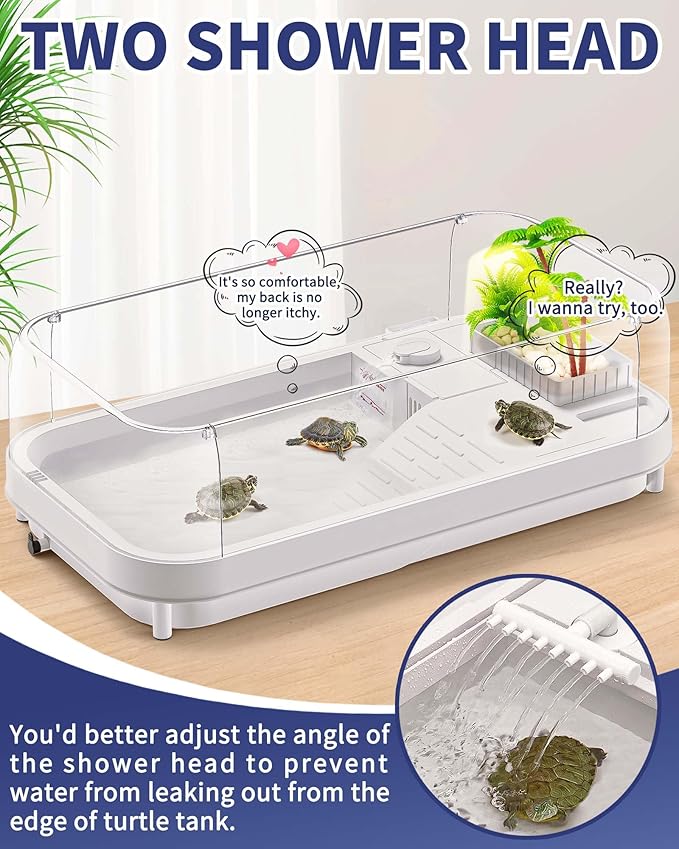 Large Turtle Tank with Water Pump, Acrylic Turtle Tank Starter Kit with Heightened and Curved Fences, Multi-Function Areas, Bottom Drainage