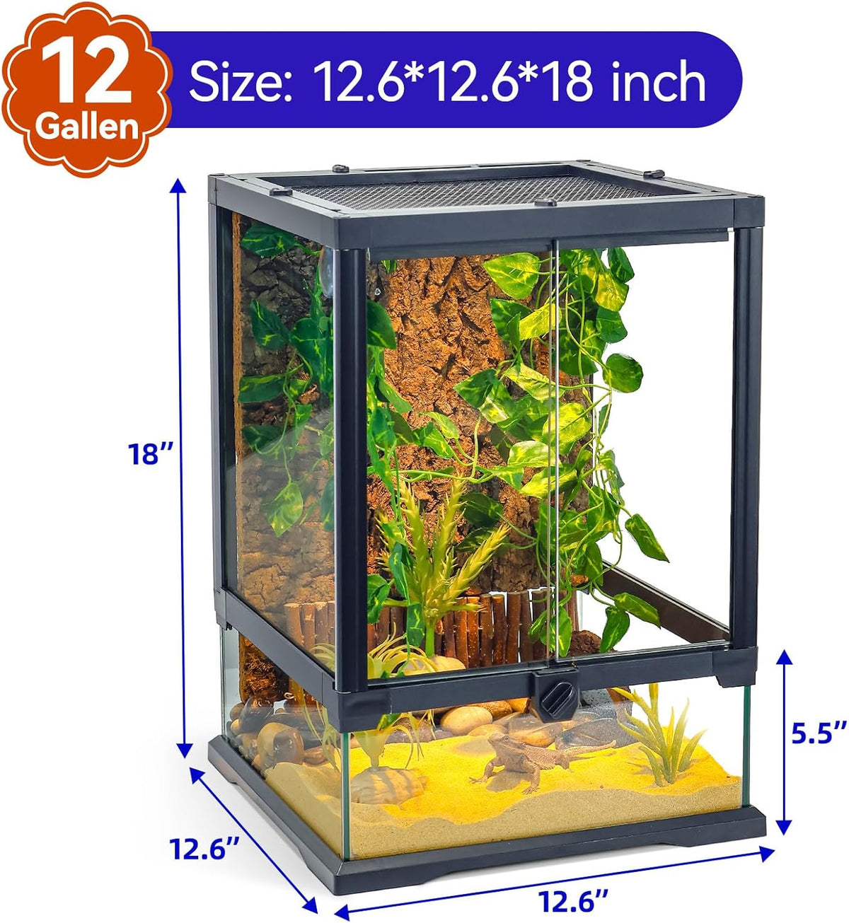 360° Clear View 12 Gallon 18x12.6x12.6 Glass Reptile Terrarium Suitable for Bearded Dragon, Chameleon, Crested Gecko, Multi-Pet Enclosure with Front Door, Excellent Ventilation, Hidden Wiring Holes