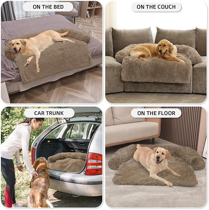 Calming Dog Bed Fluffy Plush Dog Mat for Furniture Protector with Removable Washable Cover for Large Medium Small Dogs and Cats (Extra Large (53x39.3x6), Camel)