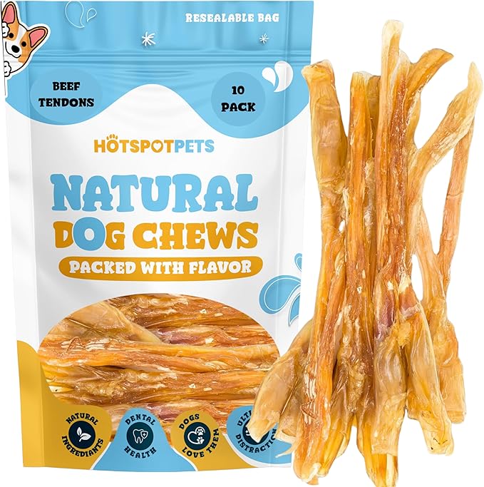 hotspot pets Beef Tendon Chews for Dogs (10 Pack) - Made in USA - 8 Inch All Natural, Free-Range, Grass-Fed Premium USDA Gambrol Beef Tendon Stick Treats, Great for Joint Health