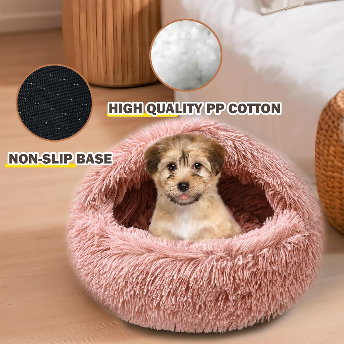 Cat Bed for Indoor Cats, Calming Cozy Cave with Self-Warming Plush, Entire Bed Machine Washable & Anti-Slip Base, Breathable Pet Bed for Small Cats&Dogs All Seasons (Leather Pink, 24 * 24inch)