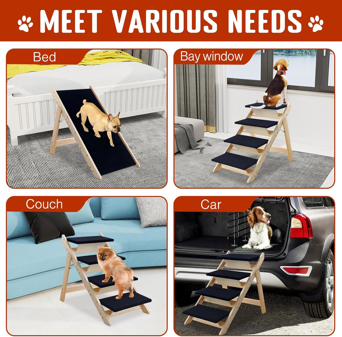 Wood Dog Stairs/Pet Steps, 2-in-1 Foldable Wooden Pet Ramp with Non-Slip Pet Stairs for Small to Medium for Bed,Sofa, Couch, Car, Indoor Pet Dog Cat 4 Steps Stairs Ladder Up to 110 Pounds
