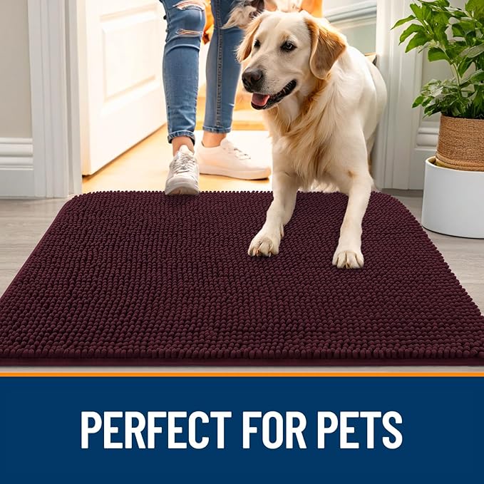 OLANLY Dog Door Mat for Muddy Paws 24x16, Absorbs Moisture and Dirt, Absorbent Non-Slip Washable Doormat, Quick Dry Chenille Mud Mat for Dogs, Entry Indoor Entryway Carpet for Inside Floor, Russet