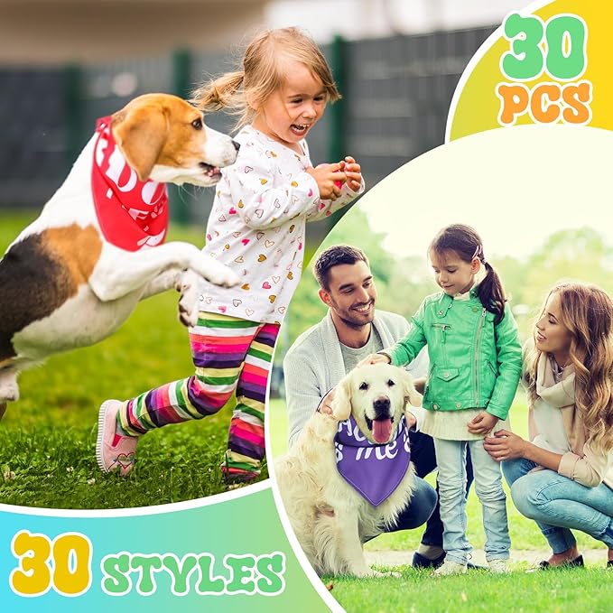 30 Pcs Dog Bandanas Bulk Pet Bibs Colorful Triangle Scarf Pet Bandanas for Medium Large Dogs Spring Summer Birthday Costume Decoration (Adopt Me)