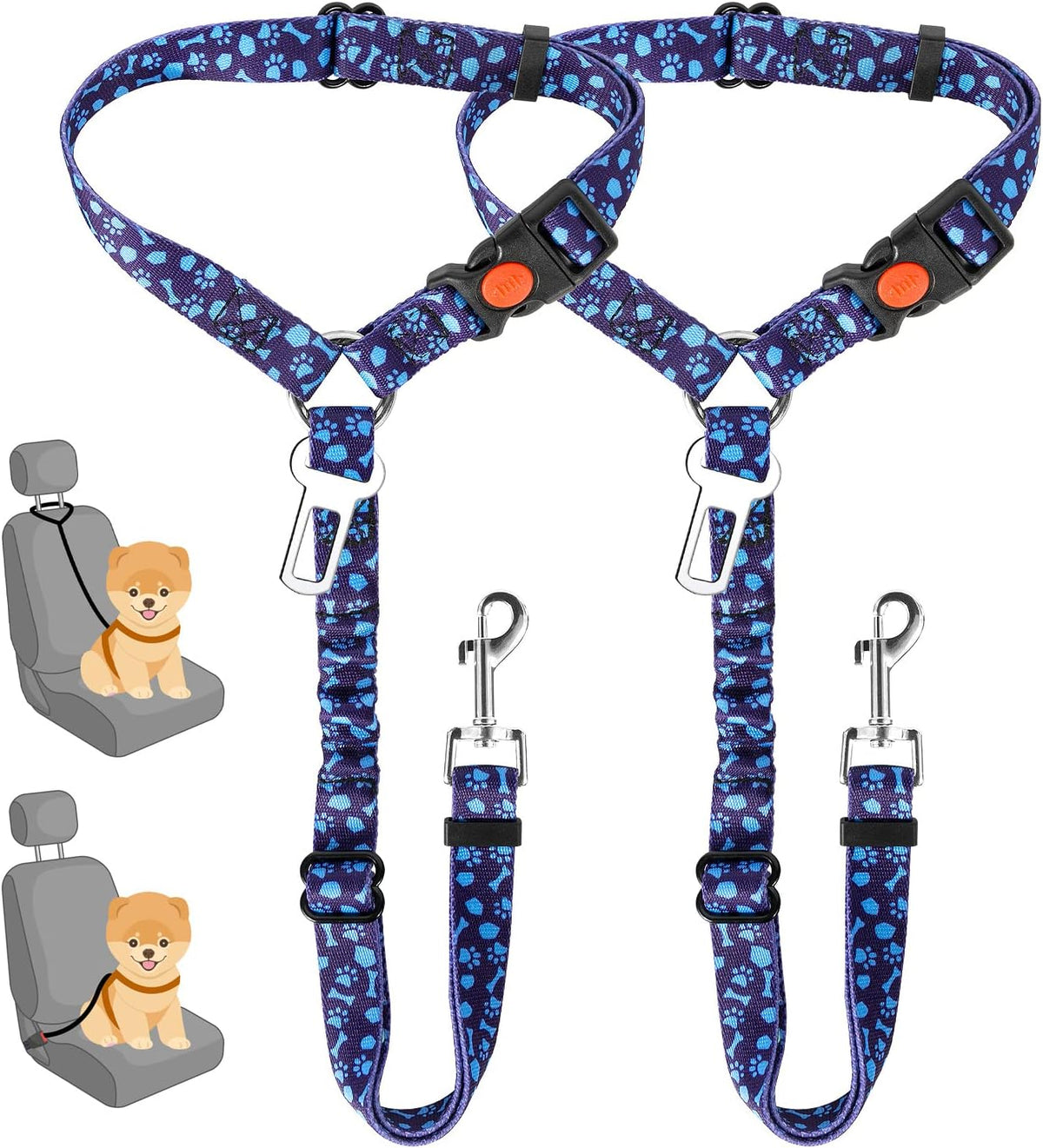 SlowTon Dog Seat Belt for Car, 2 Pack Dog Car Harness Seatbelt Adjustable with Elastic Bungee Buffer, 2 in 1 Pet Car Leash Headrest Restraint Dog Reflective Safety Tether (S, Blue, Headrest+Clip)