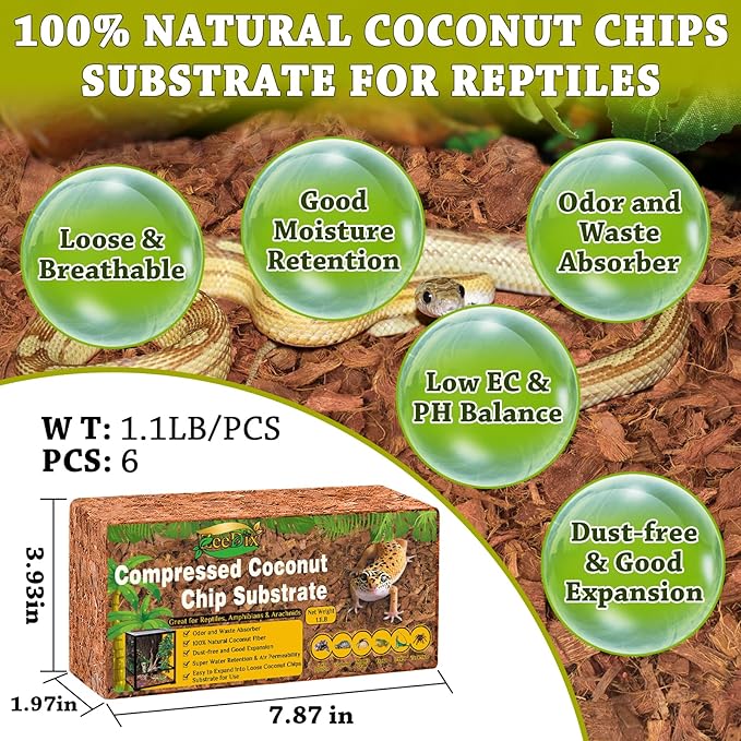 ZeeDix 6PCS Coconut Husk for Reptiles, Organic Coconut Chips Substrate Coco Husk Snake Bedding, Coco Coir Chips Reptile Substrate for Ball Python, Tortoises, Geckos, Lizards, Hermit Crab, Lizard