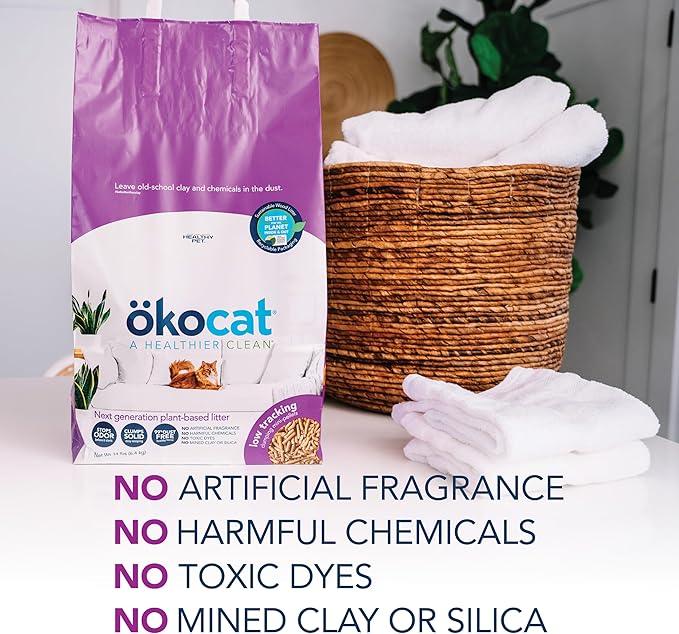 ökocat Less Mess Low Tracking Wood Clumping Cat Litter Mini- Pellets, Unscented, 21.5 pounds - Natural Ingredients, Stops Odor, Clumps Solid, 99% Dust Free, Great for Long-Hair Breeds