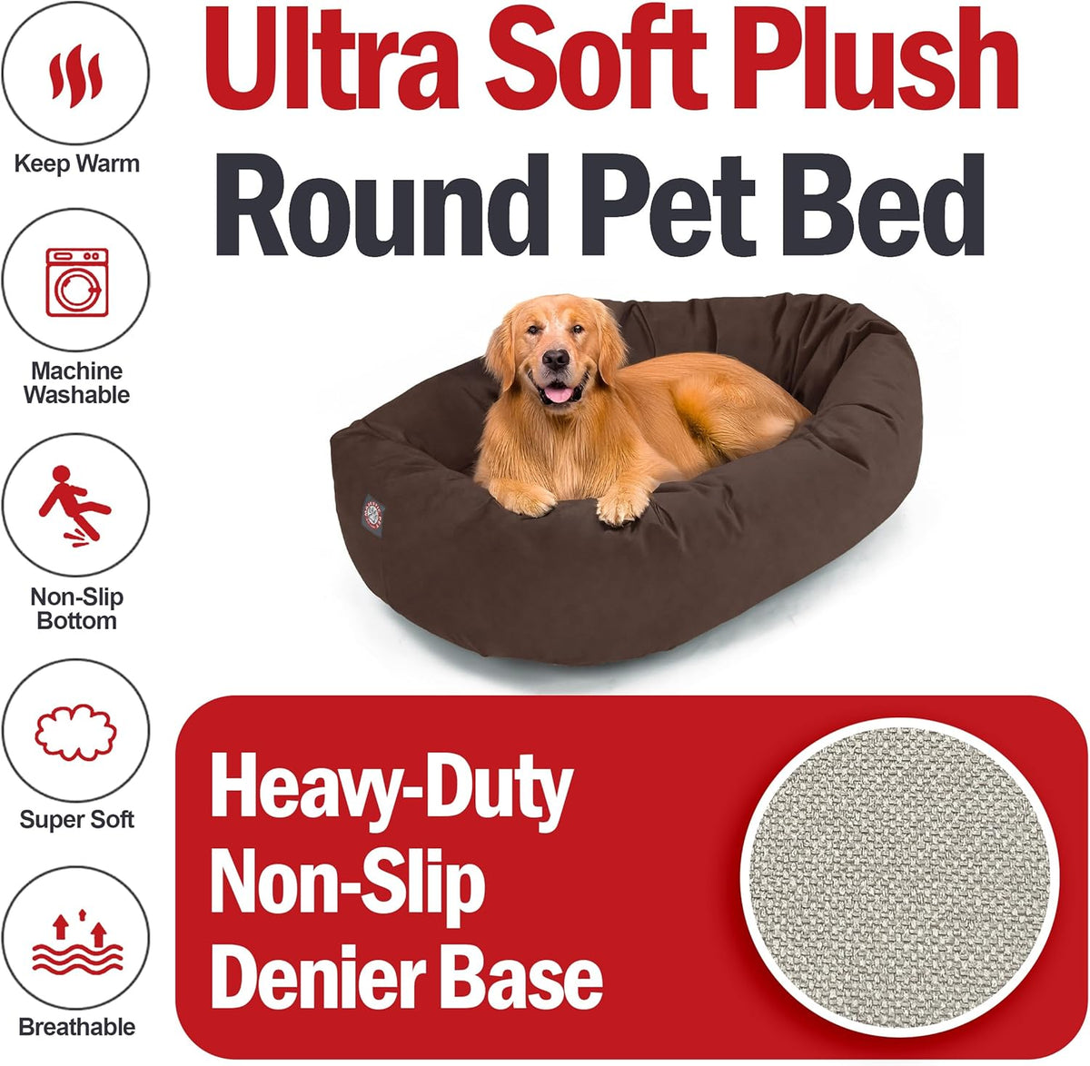 Majestic Pet 40 Inch Suede Calming Dog Bed Washable 40x29x9 (Inch) – Cozy Soft Round Donut Dog Bed w/Spine Support for Dogs to Rest Head - Pet Bed Large – Chocolate (2025)