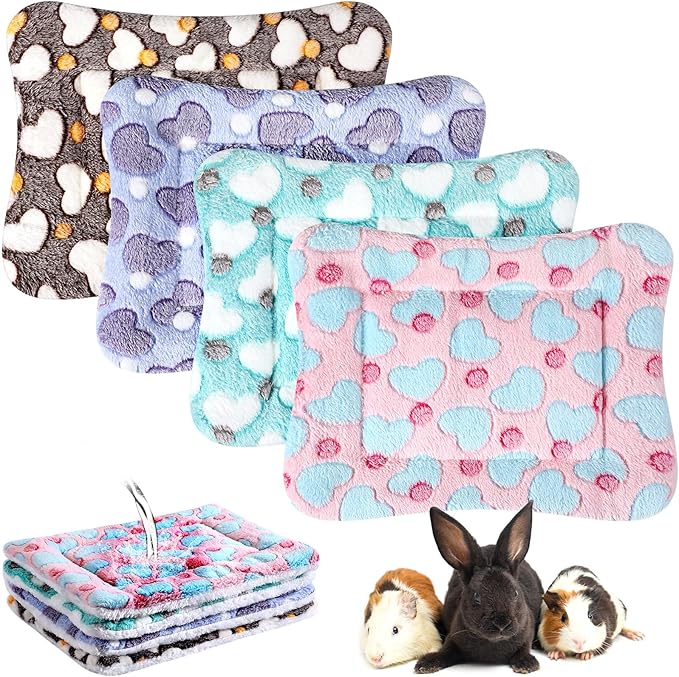 Haull 4 Pcs Waterproof Guinea Pig Bedding Winter Guinea Pig Bed Plush Cage Liners Soft Dog Cat Mat Reversible Winter Cozy Animal Pee Pad Hamster Bed Mat for Bunny(Heart,13 x 10 Inch)