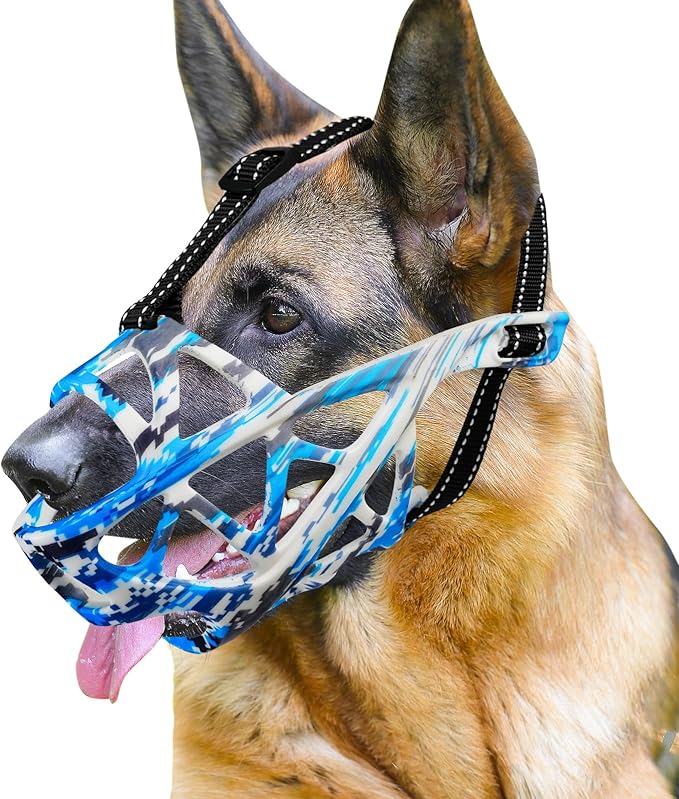 Dog Muzzle for Large Dogs, Medium and X-Large Aggressive Dog, Breathable Basket Muzzles, Suitable for Grooming Trimming Training, Allows Panting Drinking (Camouflage Blue, XL)
