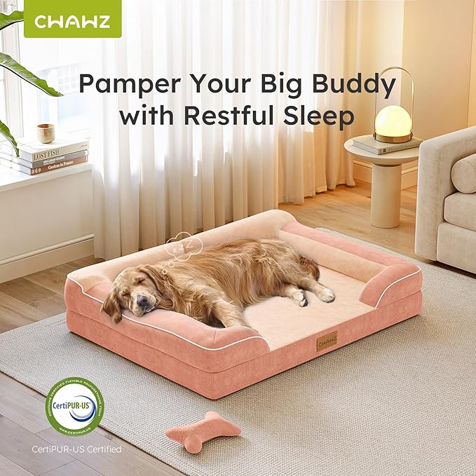 Jumbo Dog Bed for Extra Large Dogs, Orthopedic Dog Bed with Cooling Gel Memory Foam, Waterproof Pet Bed with Removable Washable Cover, 45" Pet Sofa Couch Dutch Velvet with Bone Toy, Peach Pink