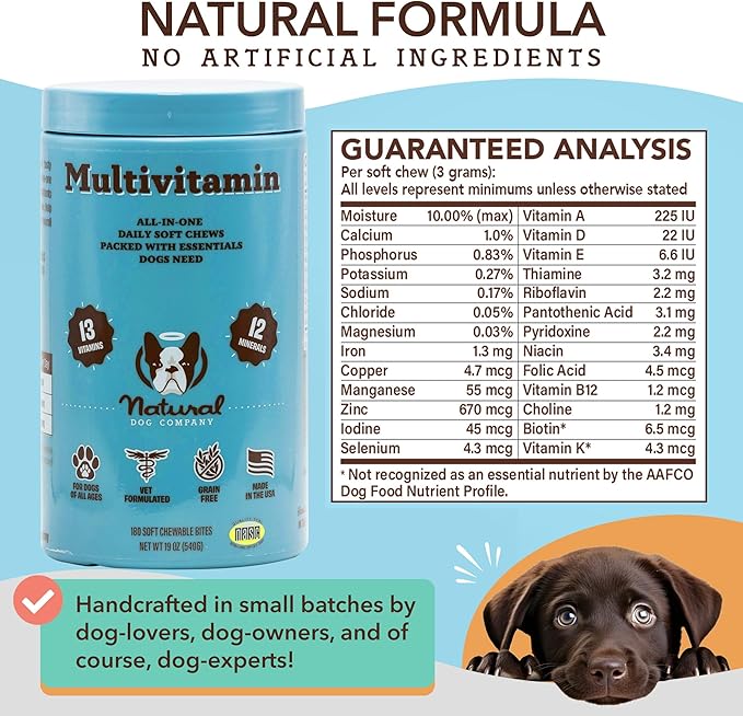 Natural Dog Company 25 in 1 Multivitamin Chews (180 Pcs) Dog Vitamins & Supplements, Peanut Butter & Bacon Flavor, Dogs, Supports Immune System, Antioxidant, Vitaminas para Perros, Multi Dog Families