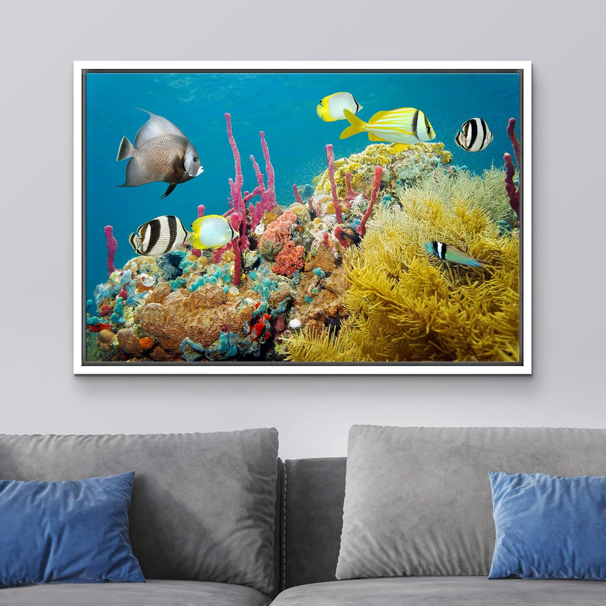 wall26 Framed Canvas Print Wall Art Deep Sea Marine Fish with Coral Reef Nature Ocean Photography Realism Nautical Scenic Relax/Calm Multicolor Ultra for Living Room, Bedroom, Office - 16"x24" White