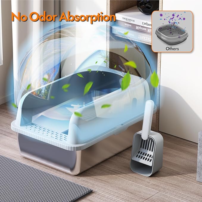 Stainless Steel Cat Litter Box with Lid, 24" L x 16" W x 11.8" H, Large Cat Litter Box for Multiple Cats with High Sided, No-Leak & Stick, Easy to Clean, Includes Litter Mat & Multi Functional Scoop
