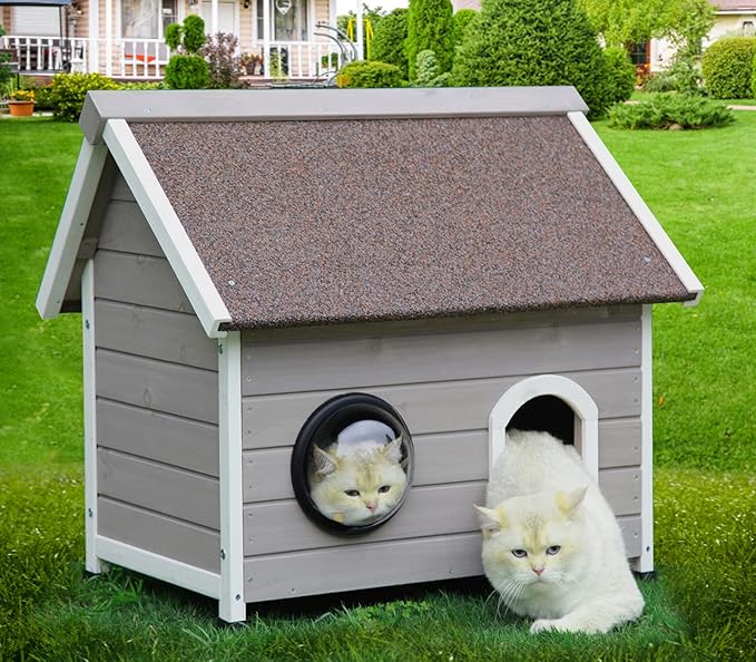 Rockever Outdoor Cat House, Feral Cat House Outdoor Weatherproof with Escape Door and Clear Windows for 2 Cats (Grey)