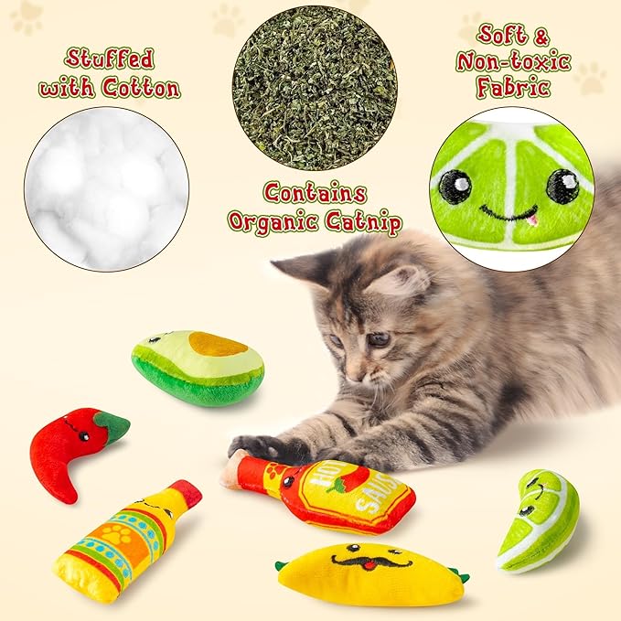 L1rabe Mexican Catnip Stuffed Toys - Hispanic Heritage Month 6Pcs Funny Cat Toys for Cat Lovers Gifts, Carnival Sause Avocado Indoor Kitten Chew Bite Kick Interactive Pet Supplies Kitten Birthday Gift