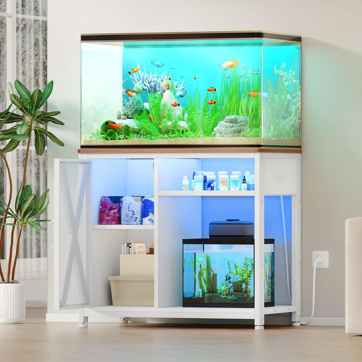 YITAHOME Fish Tank Stand with Power Outlets & LED Light, 40-50 Gallon Metal Aquarium Stand with Cabinet for Fish Tank Accessories Storage for Turtle Tank, Reptile Terrarium, 660LBS Capacity, White