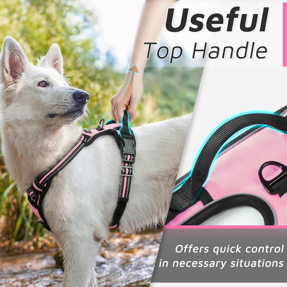 Eagloo Dog Harness Medium Sized Dog, No Pull Service Vest with Reflective Strips and Control Handle, Adjustable and Comfortable for Walking, No Choke Pet Harness with 2 Metal Rings, Pink, M