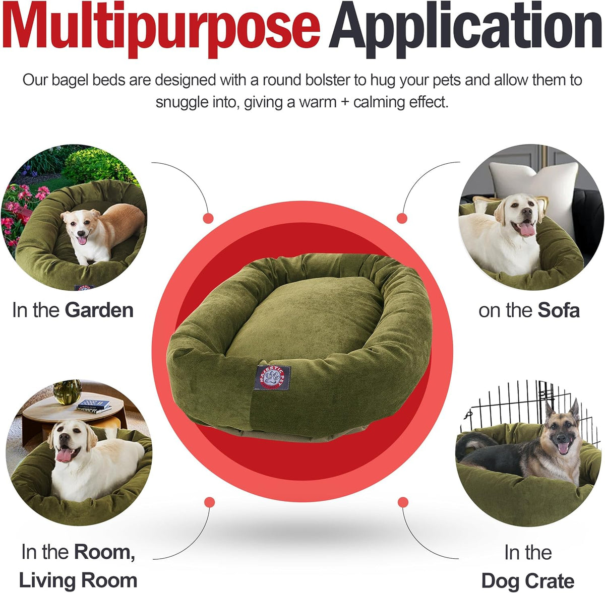 Majestic Pet 24 Inch Micro Velvet Calming Dog Bed Washable 24x19x7 (Inch) – Cozy Soft Round Donut Dog Bed with Spine for Head Support - Pet Bed Small – Fern