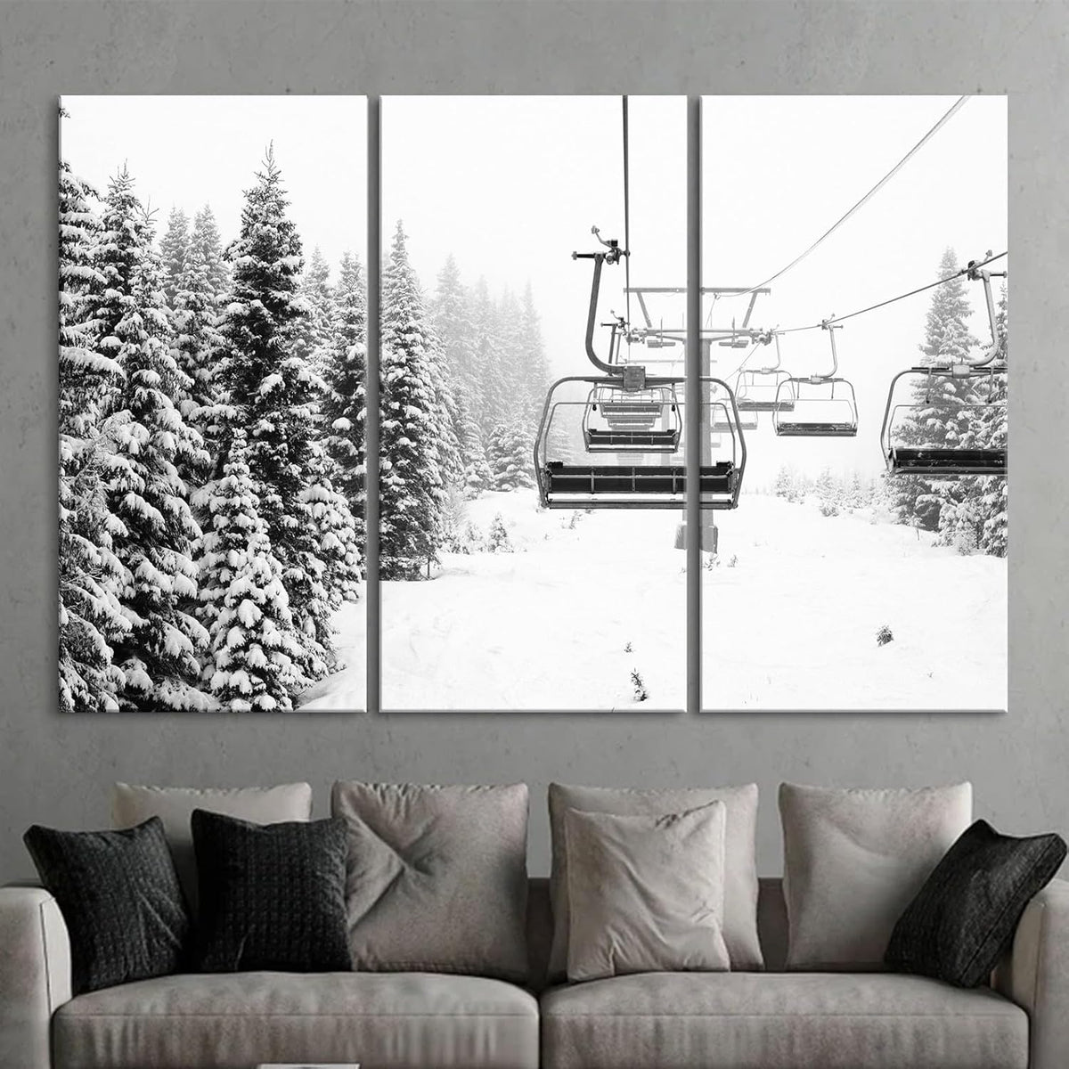 Nature Wall Art Prints - Ocean Forest Mountain Lake Canvas Landscapes - Small to Extra Large Living Room Bedroom Kitchen Bathroom Décor (Ski Lift on Snowy Mountain, 39L" x 59W" - 3 Panels)