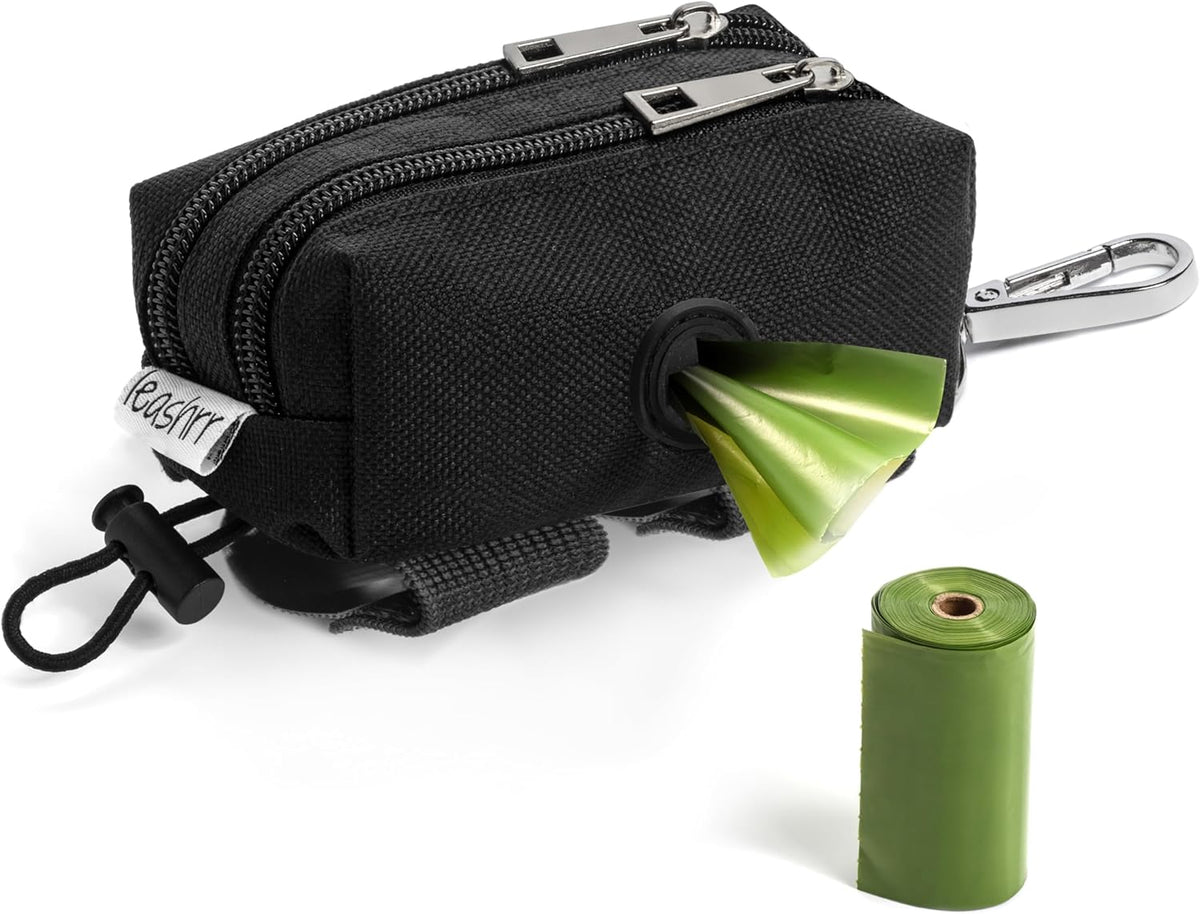 Dog Poop Bag Holder for Leashes - Dog Poop Bag Dispenser and Treat Holder with 2 Waterproof Pouches for Pet Waste Bags and Walking Accessories + 1 Free Roll - Leashrr 2.0 (Black)