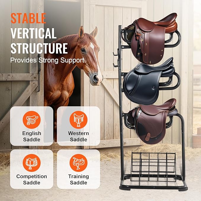 VEVOR Freestanding Saddle Stand, 30 x 30 x 68.5 in, 3 Tiers Saddle Rack, Heavy Duty Saddle Blanket Holder with Removable & Rotating Tiers, English & Western Saddle Rack for Tack Room Organization